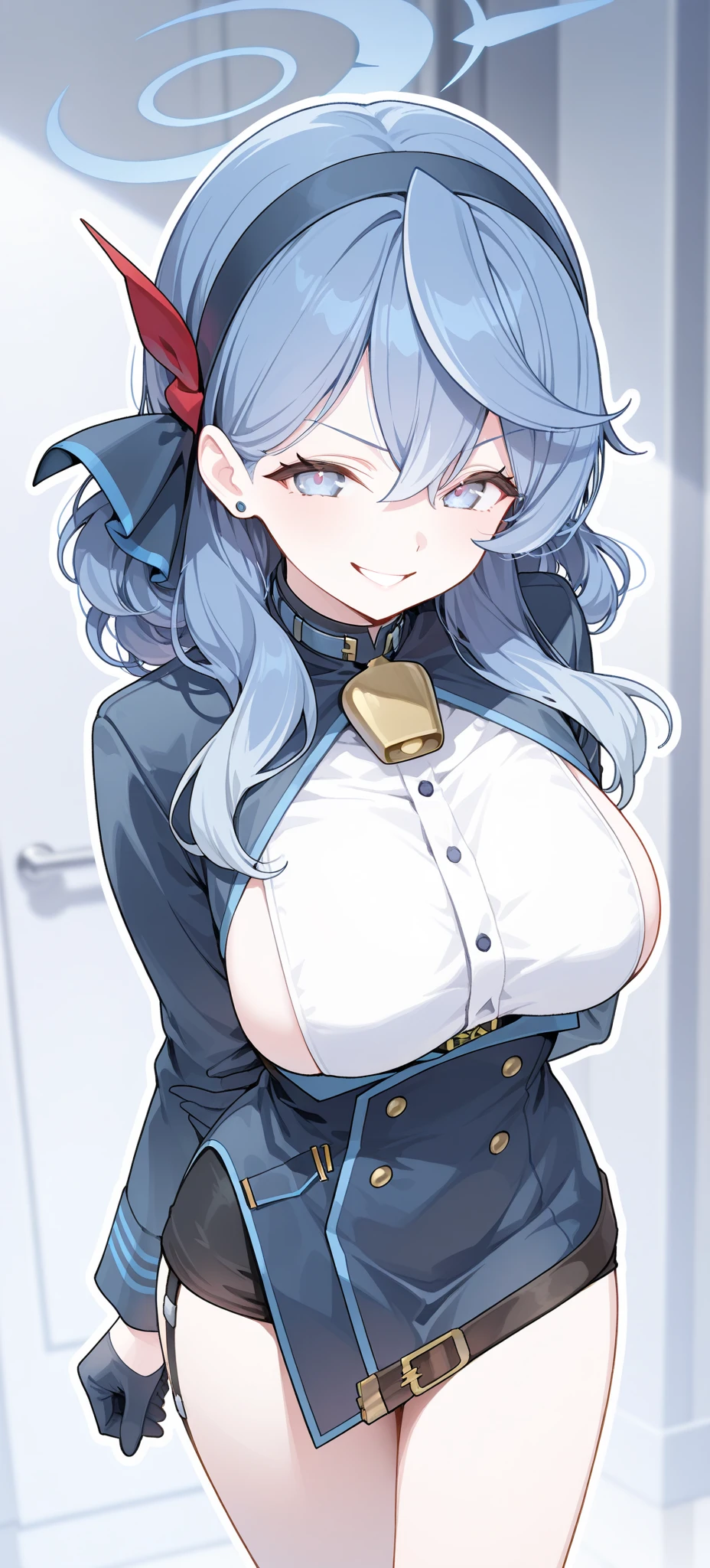 beautiful, masterpiece, Highest quality, anime, One girl, C Cup,Portrait Shot, View your viewers, Covered、Short Hair、nearby、Blue Eyes、art、、White hair,Blue streaked hair、hairpin、Cute smile、Thighs、Cute、 tights、、brown_tights、Micro Mini、Career woman outfit、Women's Suits