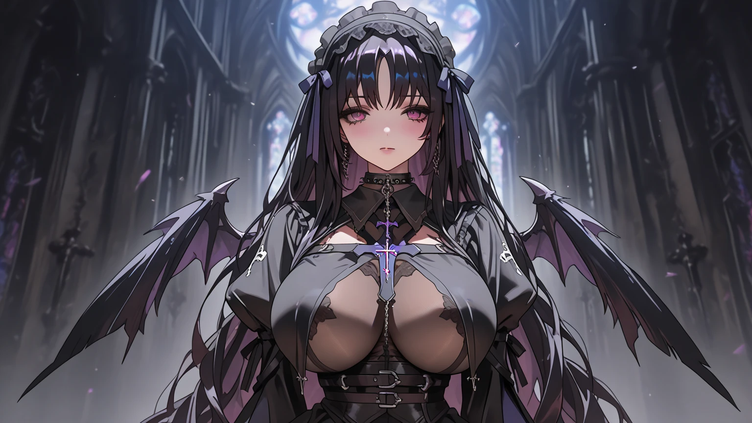 (masterpiece), best quality, expressive eyes, perfect face, perfect eyes, extremely detailed eyes, illustration
landscape, beautiful scenery, character in a church, from behind, dark theme,
, rosaria, bags under eyes, hair between eyes, long eyelashes, multicolored hair, (purple eyes:1.1), purple hair, red hair, short hair, streaked hair, bare shoulders, breasts, elbow gloves, fishnet pantyhose, fishnets, gem, gloves, gradient, nun, pantyhose, red gemstone, skindentation, thigh strap, tiara, white gloves, pelvic curtain,