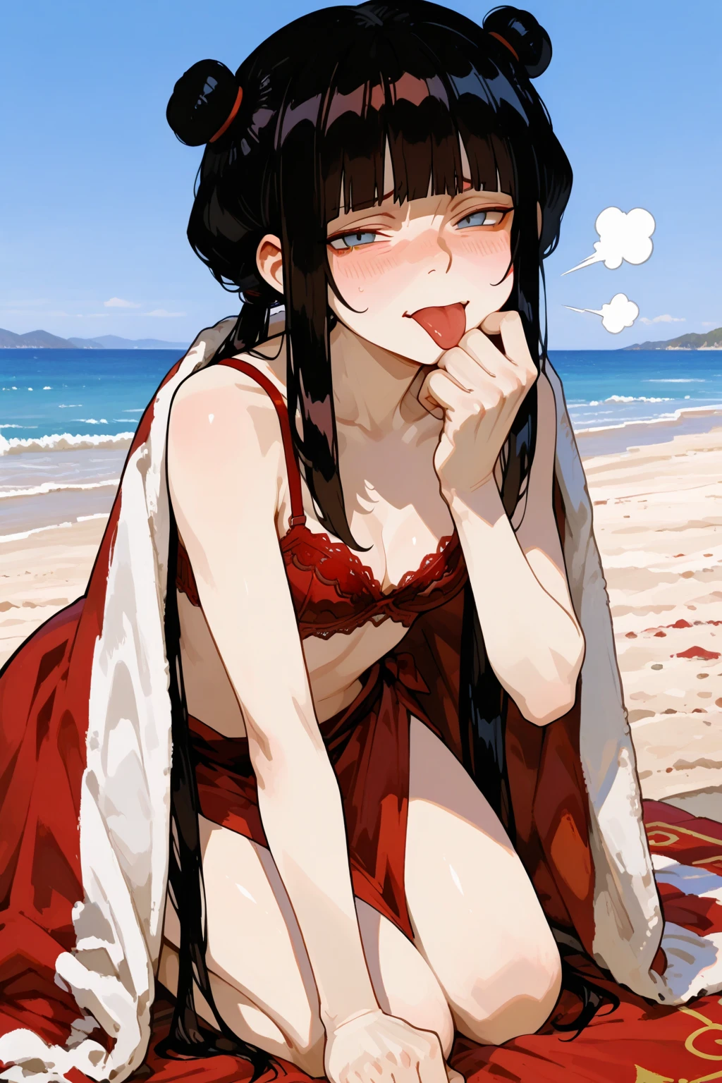 masterpiece,Ultra HD,score_4_上 BREAK source_anime,可愛いanimeイラスト, One girl, Mona XL, Long black hair, Green Eyes, tsurime, Twin tails, Medium chest, View your viewers,,blush,beach,naked,nsfw,Adult physique,sex,Penetration Sex,Face-to-face sitting position,Sweat,Kissing Face,Sticking out tongue,