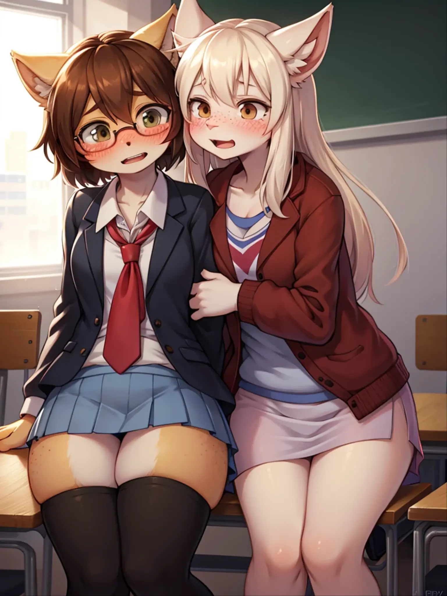 highest quality、masterpiece、1 girl、(blush:1.5)、(smile:1.5)、((fun!!))、cute、(silver hair)、dog ears、high school girl、((classroom:1.5))、()、、Kamimei、look at me、(No panties:1.3)、((shaved pussy:1.5)), ((red bow tie, , black jacket, open jacket, white cardigan, white shirt, black skirt, plaid skirt、black socks))、 (No panties:1.3)、((shaved pussy:1.5))、(highly detailed closed labia:1.5)、light blue eyes、long hair