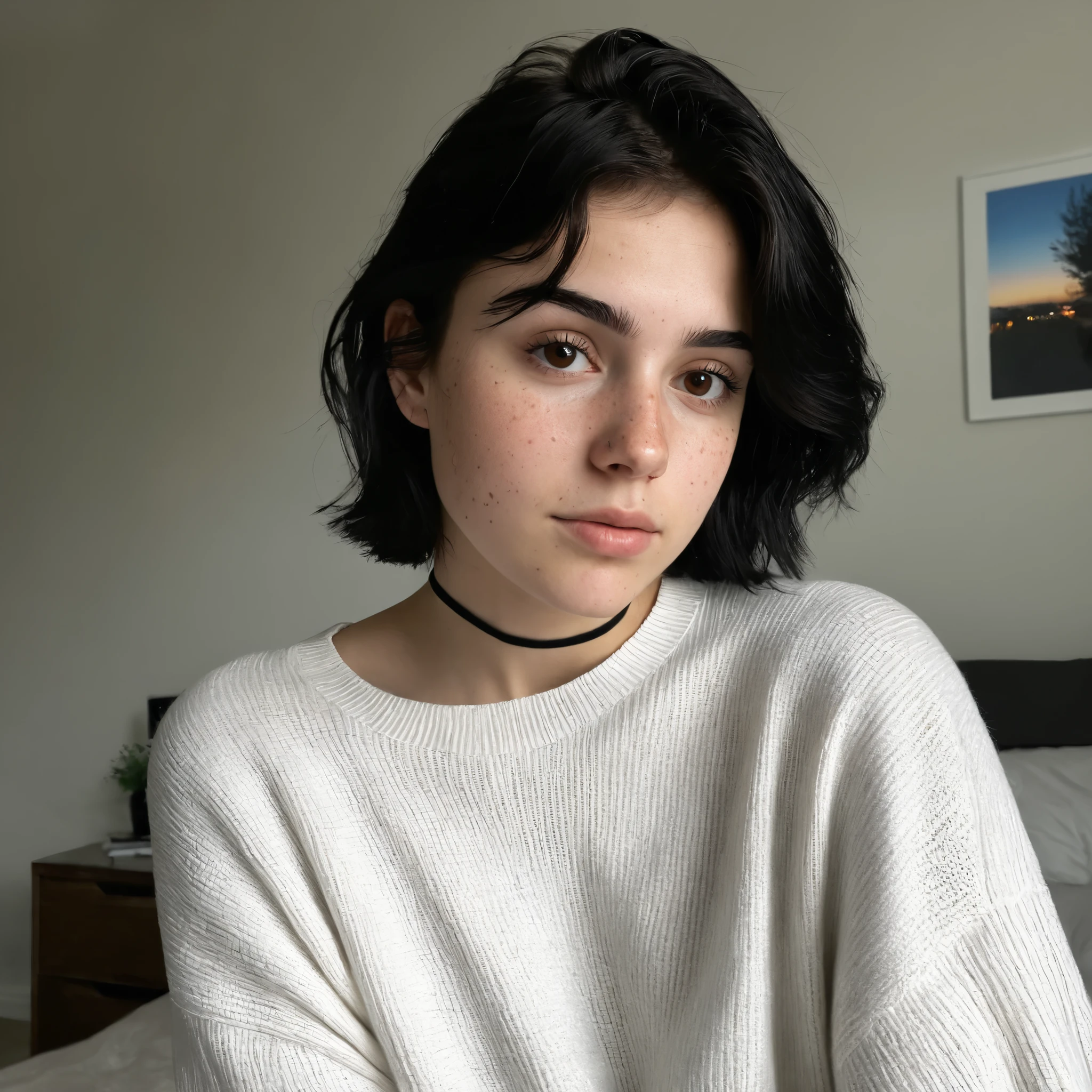 Realistic young woman with short messy black hair and natural brown eyes, subtle freckles across her nose and cheeks, soft natural makeup, wearing a simple white sweater and a black choker. Casual bedroom background with a white wall and a poster slightly crooked, faint objects on a nightstand. Photo taken with a modern smartphone camera, slightly soft natural daylight coming from a window on the side, shallow depth of field, realistic skin texture with tiny imperfections, natural shadows, cinematic lighting, photorealistic, 8k, ultra-detailed.