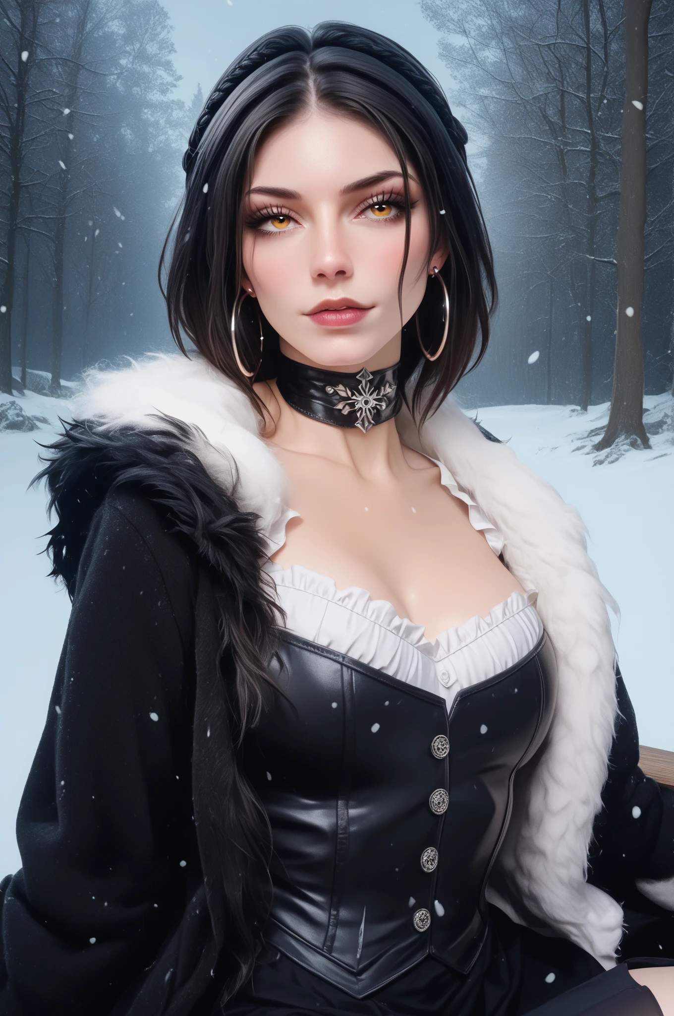 photorealistic, octane render, best quality, sharp focus, 8k, 4k, Masterpiece, Best Quality, realistic skin texture, extremely detailed, intricate, hyper detailed, illustration, soft lighting, high resolution, sharp detail, elsa, make up, upper body, nude, blonde hair, blue eyes, <lora:elsa-dalle3:0.8>, outside, night time, moonlight, snowing, showing breasts, arms behind back, <lora:GothpunkCorsetHard:0.8> c0rs3t, leather laced corset, latex laced corset, halter top, cleavage cutout, pencil skirt, laces