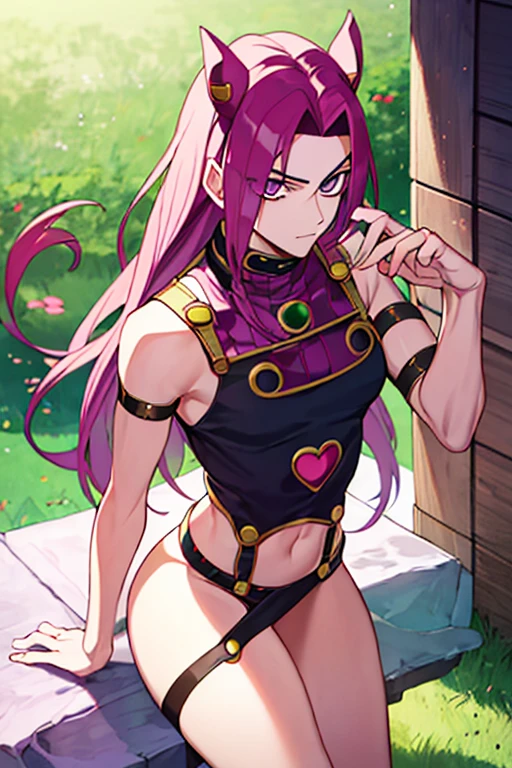 1 girl, Zoey, (Heterochromia:1.3), (long hair), (dirty hair), purple hair , in thongs and crop top, lush, magic hair, sucks dick