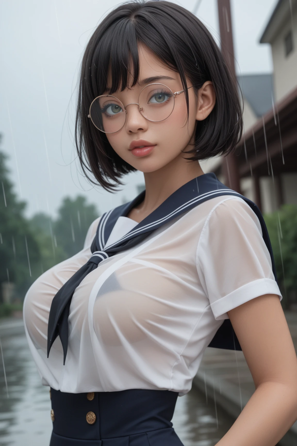 Nude photo of young girl with big breasts, short hair, , wearing eyeglasses, wearing a white shirt. wet, nipples visible Tie a dark blue necktie Wear a dark blue petal skirt. Wear a black leather belt with a silver buckle. standing in the rain (low angle shot)