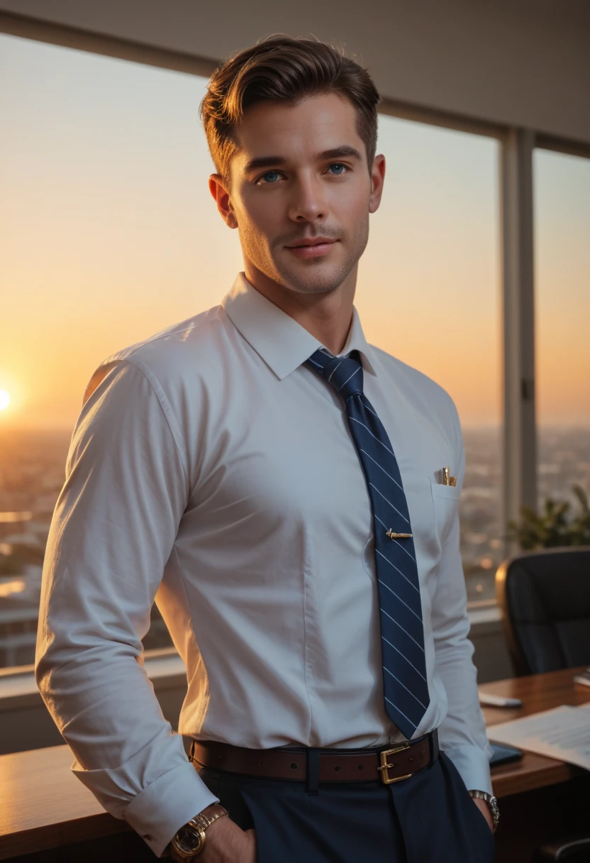 redhead man, very handsome, well combed short hair, marked pectoral, with plain black sweater and tie, in gray dress pants, with the big  outside, , touching , in his office, sitting on his desk, with night light