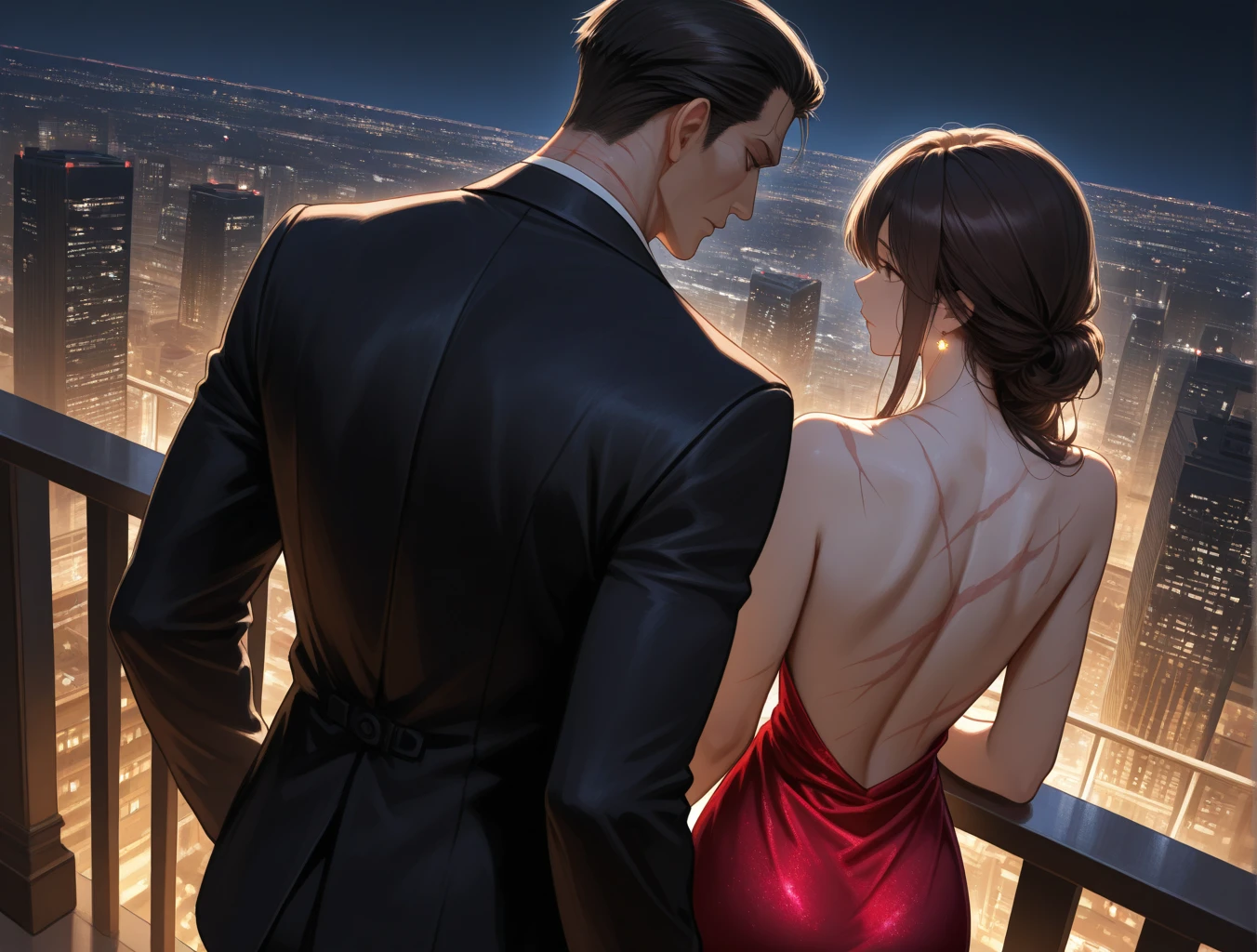 "Man and woman standing back to back"