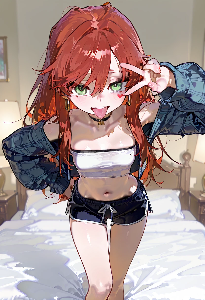 masterpiece, best quality, 2ndC, <lora:RyugasakiRene2ndCv1:1>, 1girl, navel, navel_piercing, red_belt, smile, underboob, looking_at_viewer, large_breasts, shorts, open_fly, grin, belt, blush, cowboy_shot, loose_belt, blue_shorts, demon_horns, fang_out, fang, pointy_ears, ear_piercing, on_back, lying, breast_press, (ultra-detailed, intricate art, textured_skin, textured_hair, textured_clothes, fabric detail, atmospheric:1.3)