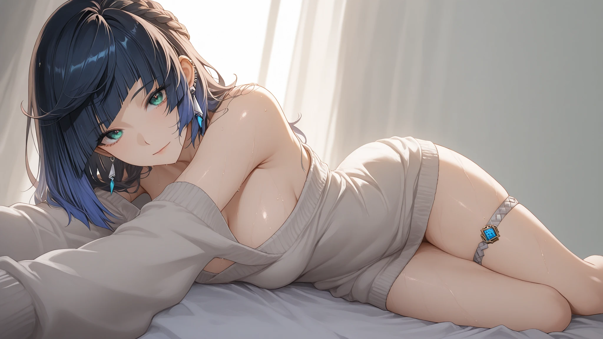 1girl in,Navy blue bob hair,Navy green eyes,Cute,blush, medium breasts⁩, sweat, In underwear, streaks in underwear, bedroom, night, in bed, open kimono
