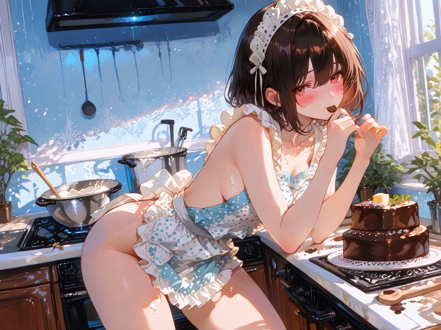 Lingerie girl, standing, back, pale skin, brown eyes, ((not show face)), neck, shoulders, arms, with apron, white bra, white panties, big ass, thick legs, thick thighs, background scenery , in the kitchen, window, refrigerator, sink, table, floor, chairs, stove