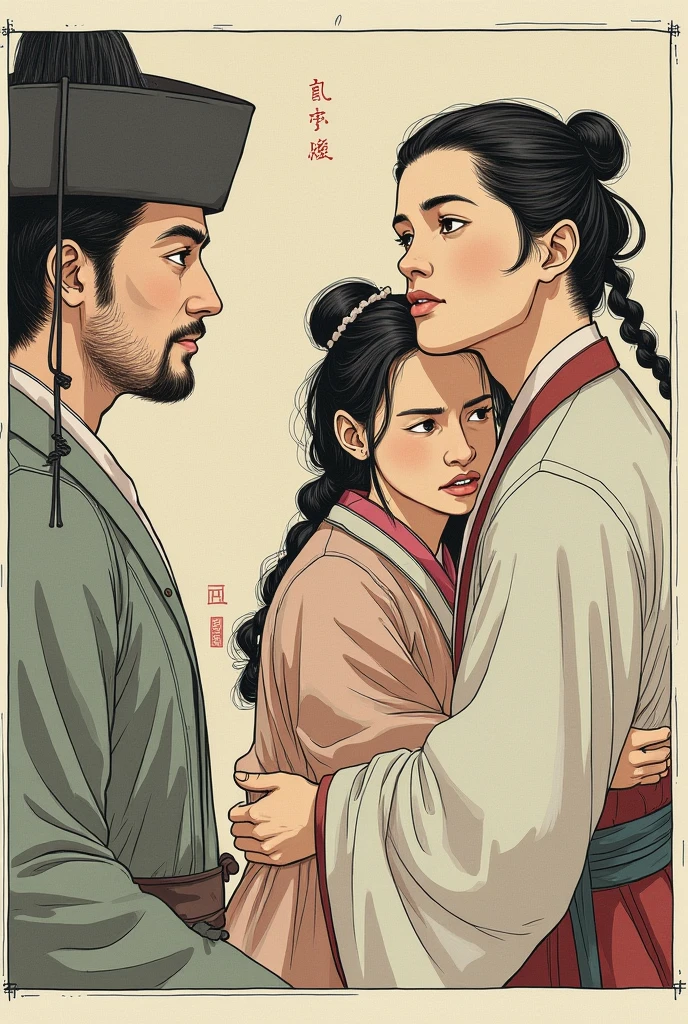 A man is forcing a woman to smoke opium。A man hugs a woman from behind、Holding an opium pipe to a woman's mouth。She's already smoked a lot of opium、In her intoxicated state, she is at the mercy of the man.。