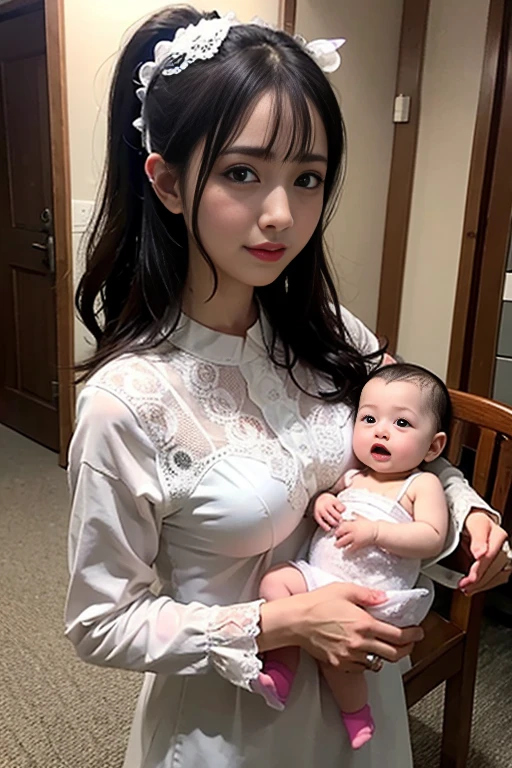 ((nsfw: 1.4)), ((8k, RAW Photos、top-quality, masterpiece)):1.4, (realisitic、Photorealsitic:1.37), natural soft light, photon maping, Radio City, ((1girl and 1baby:1.5)), japanese, 14years , red hair, Detailed face, Detailed lips, detailedeyeore skin, perfectbody, shinny skin, pony tail, (huge-breasted:1.2), slender body, ((A cute see-through luxury nightgown with very short pleats, special occasion thong strip panties with pubic hair)), ((thick nipples, erection of nipple, show off nipple)):1.5, ((holding a baby, a baby sucks nipple:1.4)), ((bed room in luxury hotel:1.2))