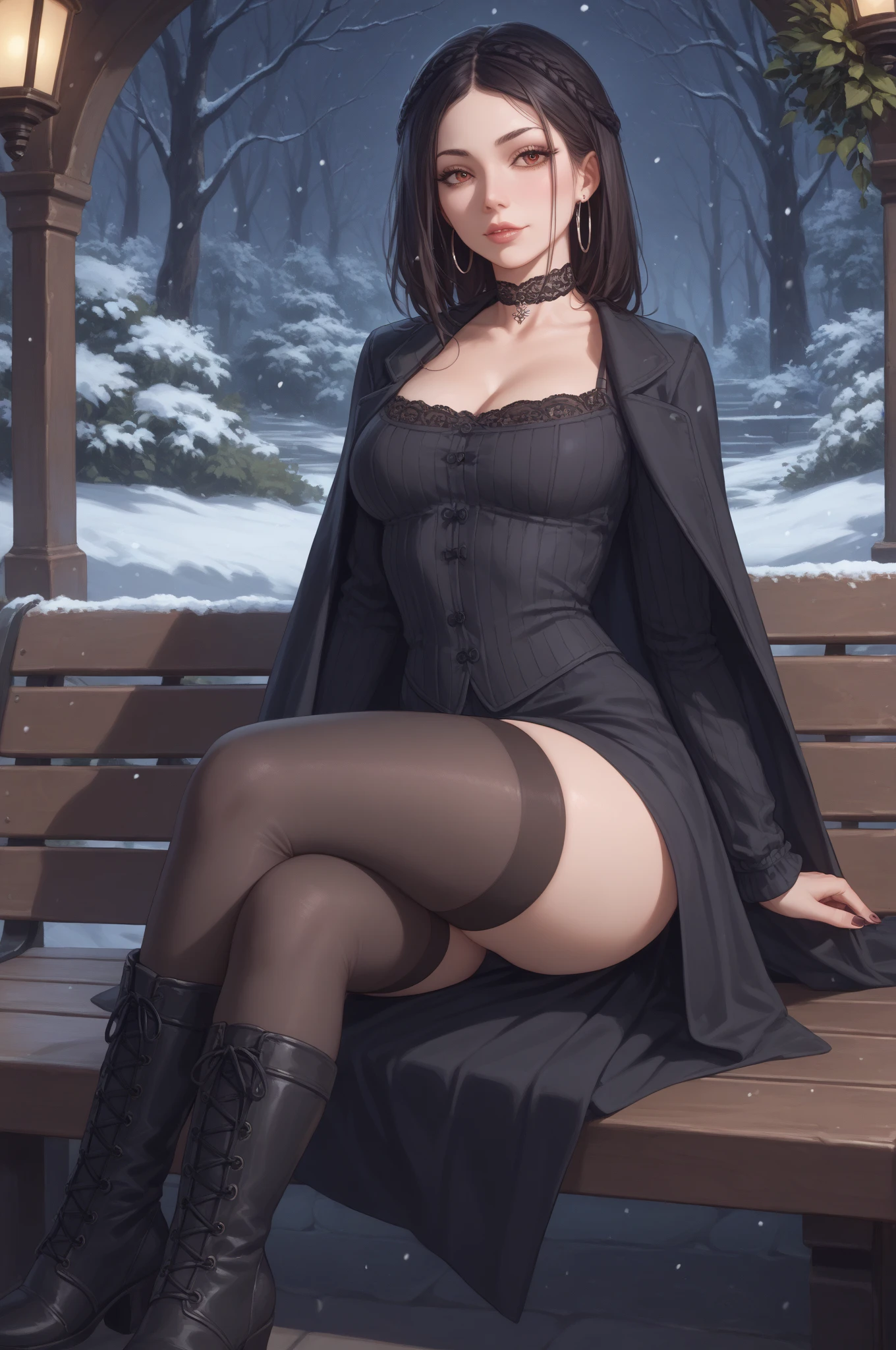 masterpiece, best quality, extremely detail 8k cg, high resolution, 1girl, yuugao, solo, purple hair, long hair, sidelocks, brown eyes, perfect eyes, slim body, huge breasts, bursting breasts, lacasindress, black thighhighs, cleavage, outdoors, garden, beautiful face, full shot photo, full body