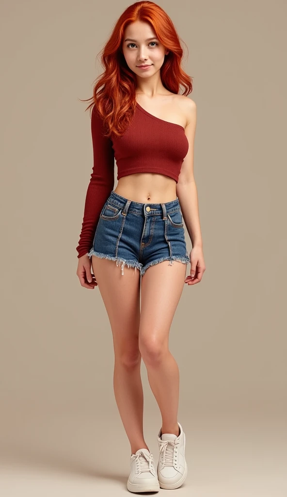 A tanned girl in her 20s. Red hair, freckles, 1.6 meters tall, dark eyes. Wearing: a pair of unzipped and unbuttoned denim daisy dukes short, a short strapless and sleeveless tube top, bare feet. detailed face, feet, toes
