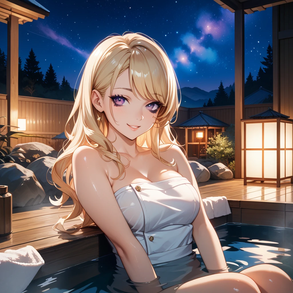 Masterpiece ,best quality , high resolution , (1 girl solo:1.38) , (mavis, long hair, blonde hair, (green eyes:1.5), ahoge, wavy hair) , (cleavage:1.2) , (medium breast:1.28) , (wear yukata , inside wear bikini ) , (cleavage:1.15) , (big breast:1.1) , (face view , front view , from front , look at view ) , (outdoor , in hot_spring , night , hot_spring hotel , pund , night , moonlight) , (sitting on stone , sitting beside pound , legs in water , thighs ) , ( smile , open mouth , full face blush , shy )