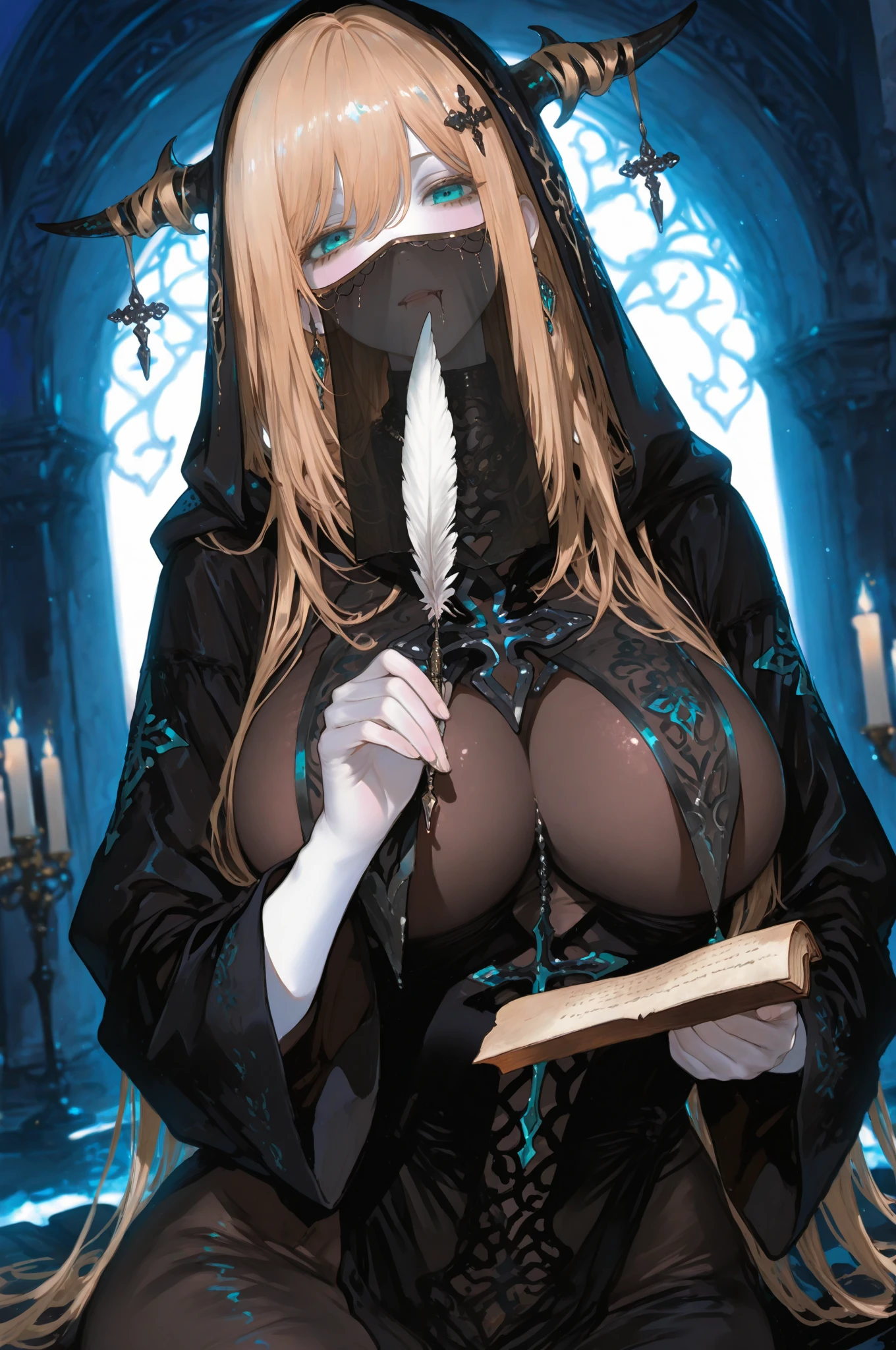 Firekeeper from dark souls 3, light blond hair, covered eyes by a metal object, medium breasts, thicc thighs, black robe, exposed breasts and nipples, detailed lips, soft smile, dark scene, shadows, nsfw, masterpiece, best quality, highres, ultra-detailed, best quality,4k,highres,masterpiece