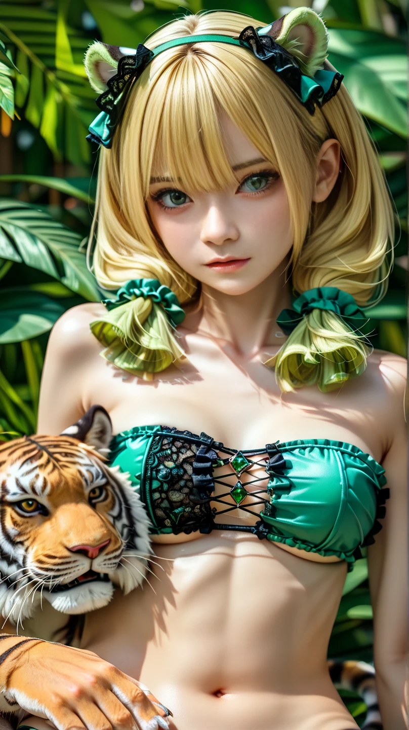 Yokohama Harbor, park, facing, lying down, grass, a girl playing with tiger cats, adorable face, smiling, blonde, short bob, detailed eyes, blue eyes, double eyelids, long eyelashes, long limbs, medium-sized breasts, cleavage, slim waist, visible navel, white tank top:1.3, distressed denim shorts:1.4, white sneakers, cinematic lighting,