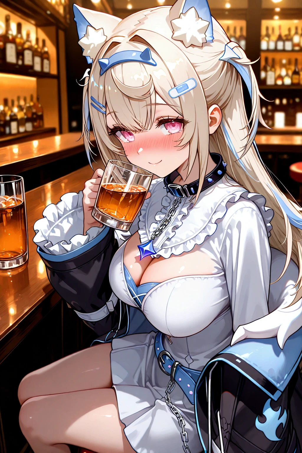 (from above:1.2),(from front:0.9), ((Face)), (Close-Up:0.4), masterpiece,"A 26-year-old girl stands at a bar counter. She is dressed in a stylish off-shoulder dress, sweater dress, off-shoulder sweater, red sweater,garter stocking, cleavage:1.1, midriff, black shorts, black thighhighs, thigh strap, pretty girl, (highly detailed beautiful face and eyes,firm breasts),real skin,((black,hair,long pony tail hair)),thin pubic hair,cute and lovely pose, detailed eyes, This masterpiece is only visually stunning but also tells,(double breasted:0.6,under bust:0.6),(with sparkling eyes and a contagious smile),open mouth, The bar is beautiful, with colorful bottles of alcohol in the background and a soft glow from neon lights. The atmosphere is relaxed, and the girl looks confident and fashionable.",full body, sexy pose,make a cocktail , in a bar counter, Looking at Viewer,
