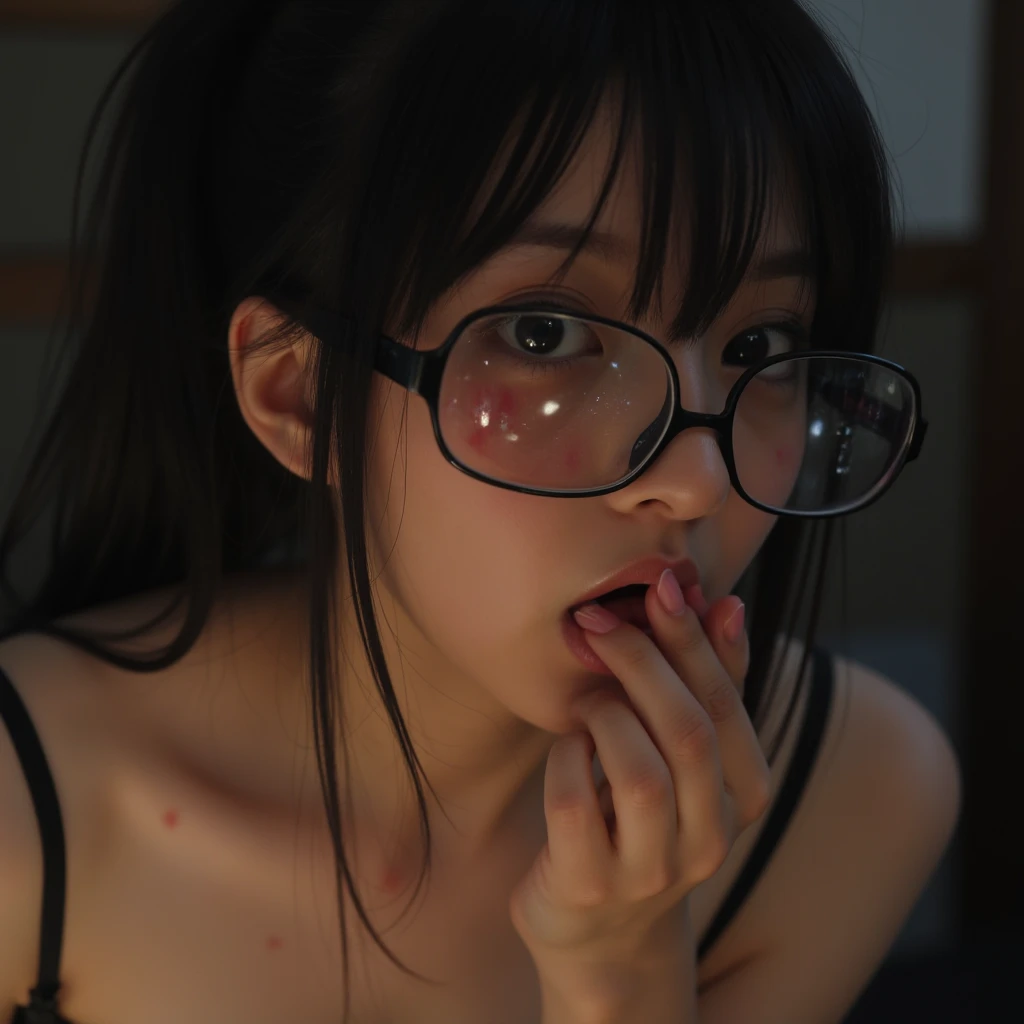 (masterpiece, highest quality, High resolution simple 35 year old Japanese woman, Wear glasses, Beautiful long shiny black hair, snappy bangs, Shining Face, Shiny skin, Written boundary depth, chromatic aberration, Caustics, natural shadows, kind, smile, Small devil,Cute face, Thighs, Film Grain, chromatic aberration, Sharp focus, Face Light, Detailed face, Background blur, Huge breasts, Slender body, sexy lace clothing, Flushed face, She is sucking on a transparent, invisible tube with her mouth open., I can see my crotch, Squat with your legs wide apart, Back alleys of Shinjuku at night, Full body portrait, Taken at the best angle