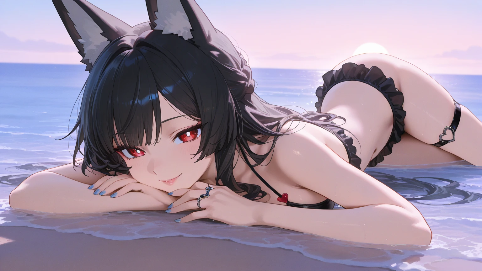 Best_quality,detailed, <lora:Nekopara Choco&Vanilla:0.7>, 1girl , full body ,midriff peek,feet, cute bikini , yellow eyes, Chocolat \nekopara\ , black, hair,cat ears, sweaty, beach, cameltoe