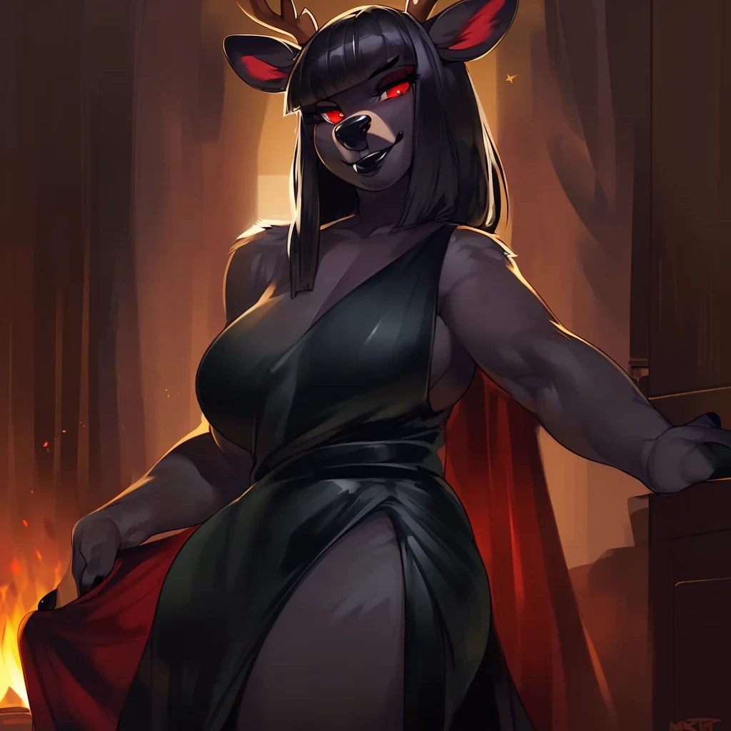 Houndoom, Black hair, red eyes, wet see through lace white lingerie, big ass, big breasts, lewd horny face, lewd smiles, blushes, ashamed, in the gothic Room.