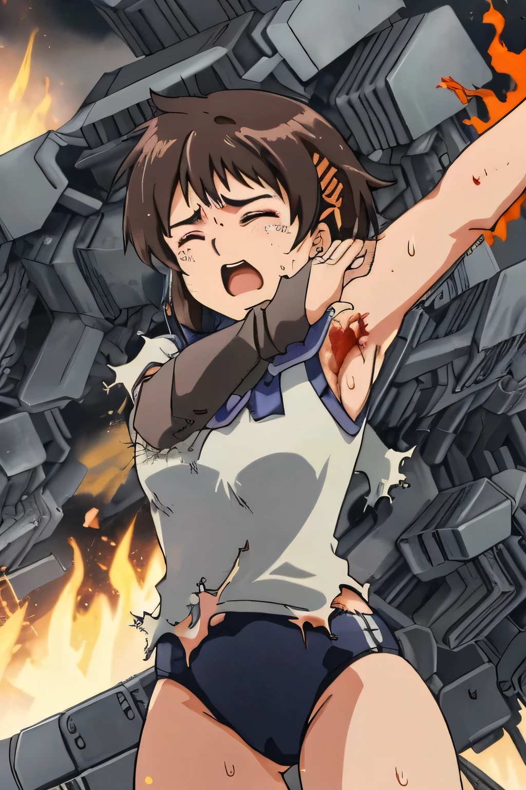 cockpit_explosion, fire, electricity, screaming, explosion, science fiction, tearing clothes, standing, blood, scared, sweat, crying, mecha, torn clothes, tears, cockpit,1girl、wearing black gymnastics bloomers,high leg,white blouse,cowboy shot,self wedgie,bloomers pull myself,後ろに寄りかかる、体を反らせる、後ろに反らせる、串刺し、体を後ろに反らせる、エビ反り,爆風、衝撃、破壊、吹き飛ぶ、消滅、焼き尽くされる,closed eyes