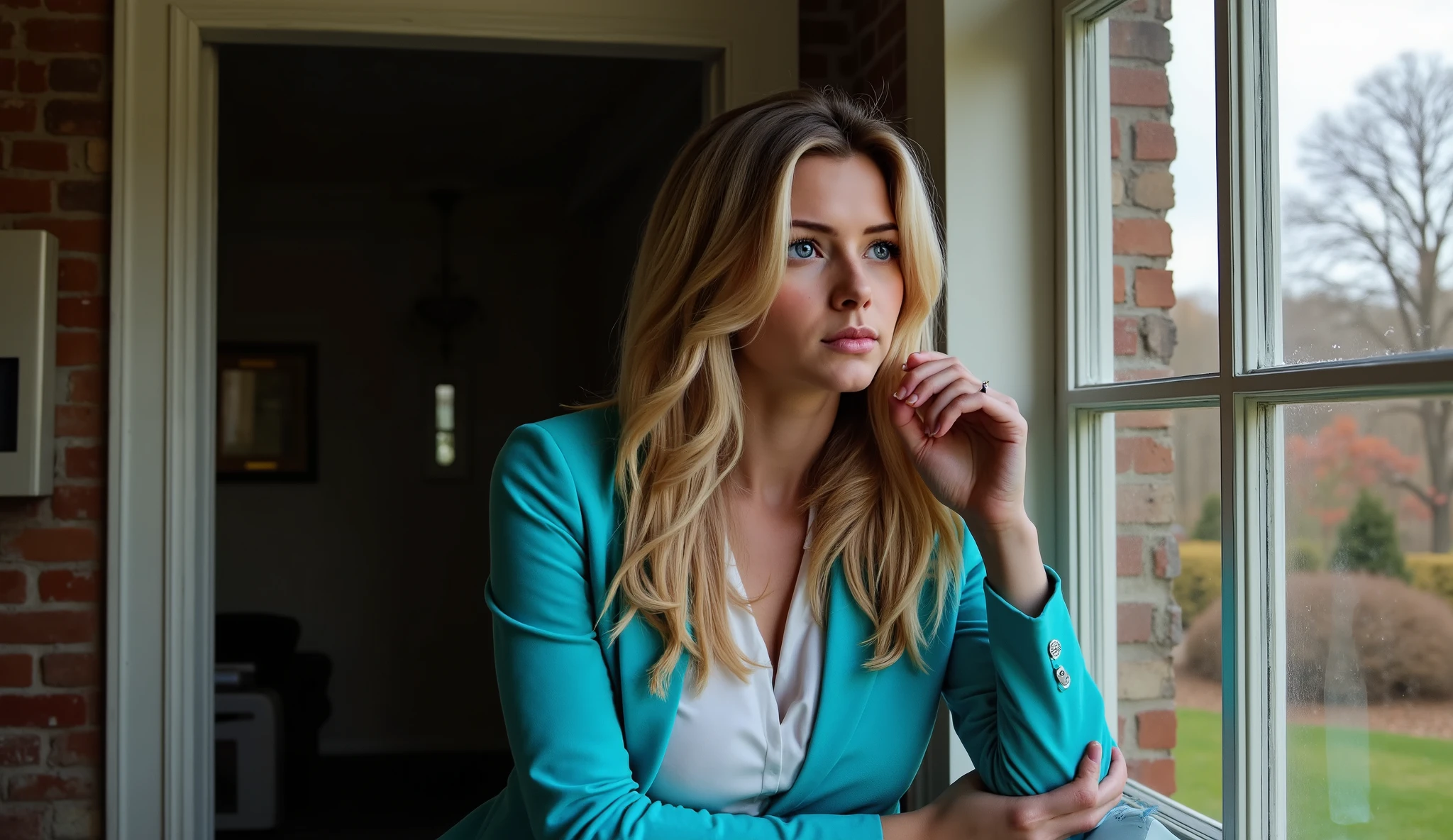 Eleanor, a beautiful and sensual woman (a very beautiful woman, with long brown hair, blue eyes, dressed in 21st century work clothes, suit with turquoise blue jacket, turquoise blue skirt and white shirt), Eleanor, is very sad, teary eyes, she is looking through the window glass, in the background you can see the decaying Hartley mansion, Eleanor is looking away with tears in her eyes, reflecting on her lost love., detailed background,,