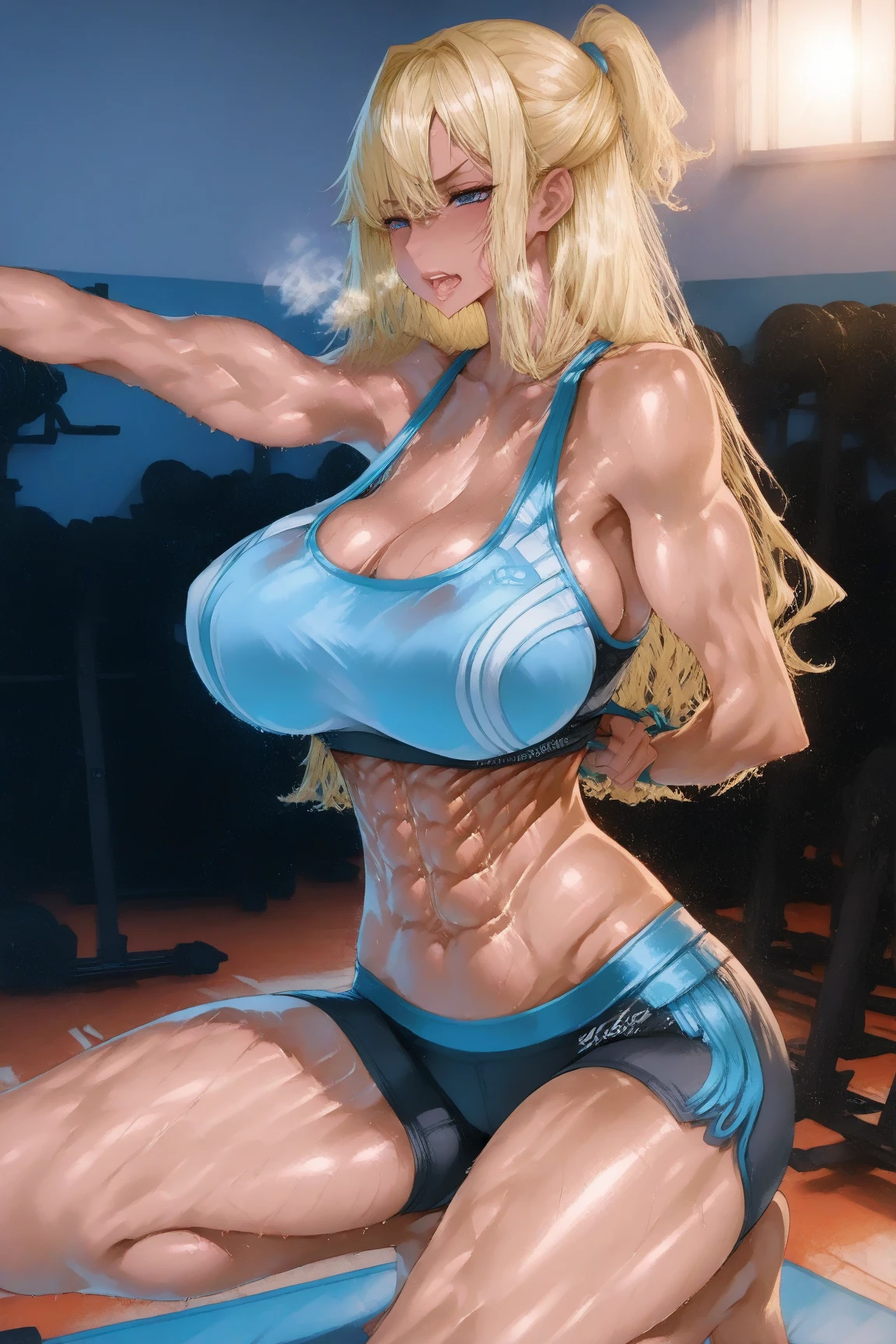 A muscular 18 year old blonde woman with very muscular abs flexing her big muscles