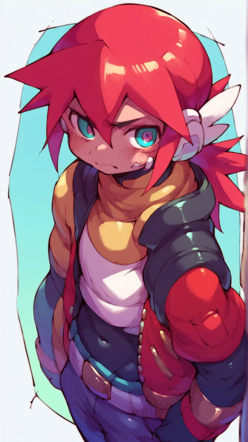 score_9, score_8_up, score_7_up source_toon, 1 boy, solo, male, luka, red hair, ponytail, blue eyes, mechanical arm, toon, cartoon effects, bulge, big bulge, blush, enorm bulge.
