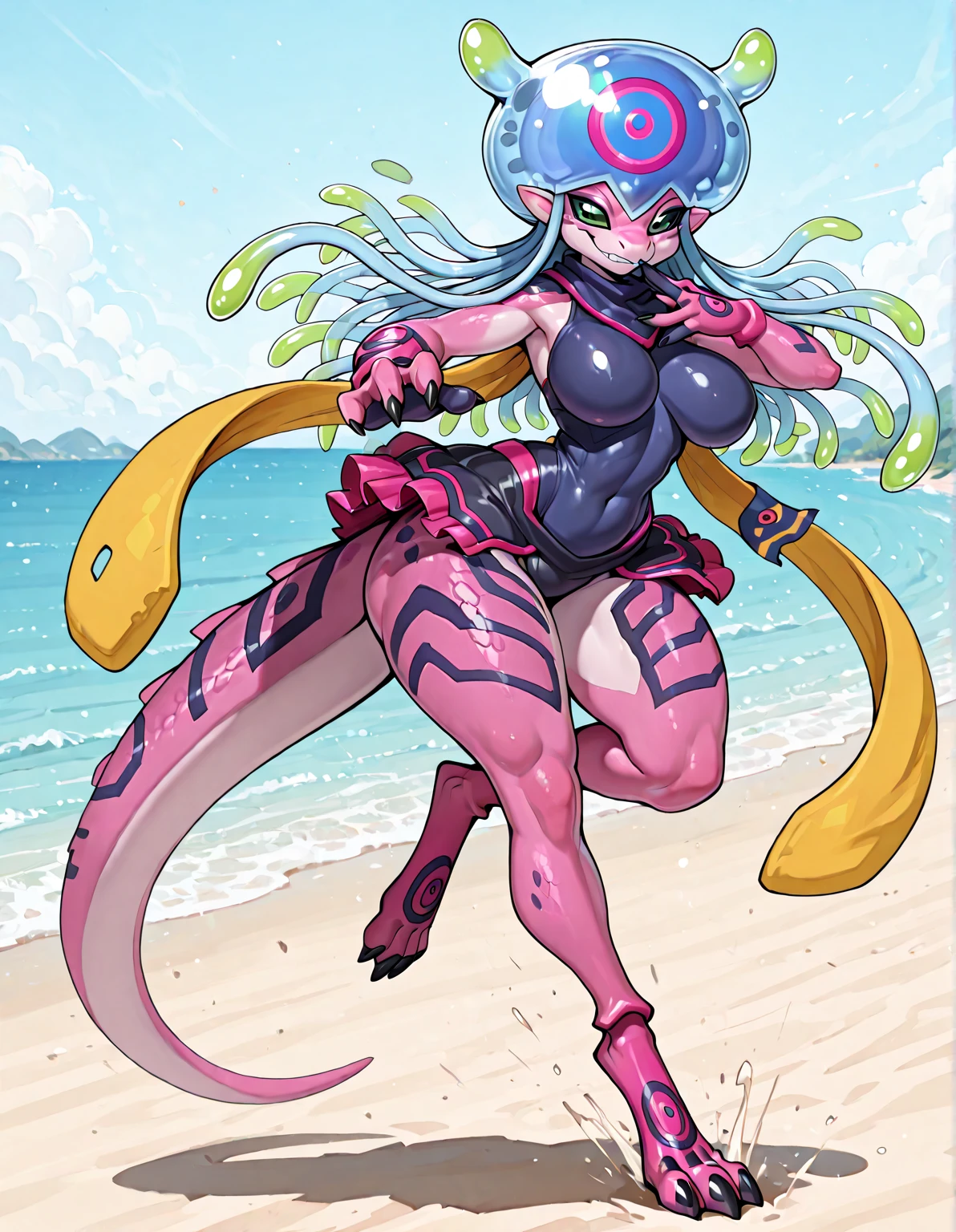 Animated thick thigh lady, snake hair, blue eyes