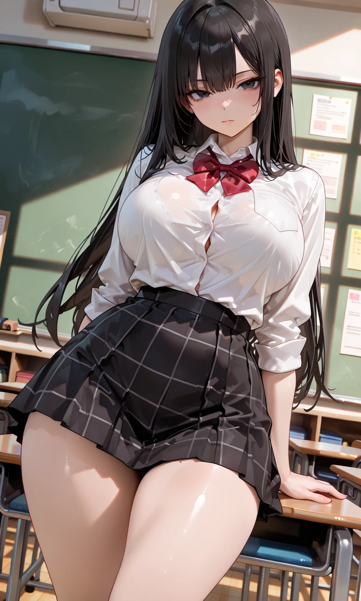 ( Beatiful sexy white socks ) , ( big breasts ) , ( NSFW ) , tall legs , big thighs , smile , ( milf ) , HD , detailed eyes  dark long hair , ( High waisted black skirt ),  18-years old , wide angle , classroom , tall body , upskirt , HD quality