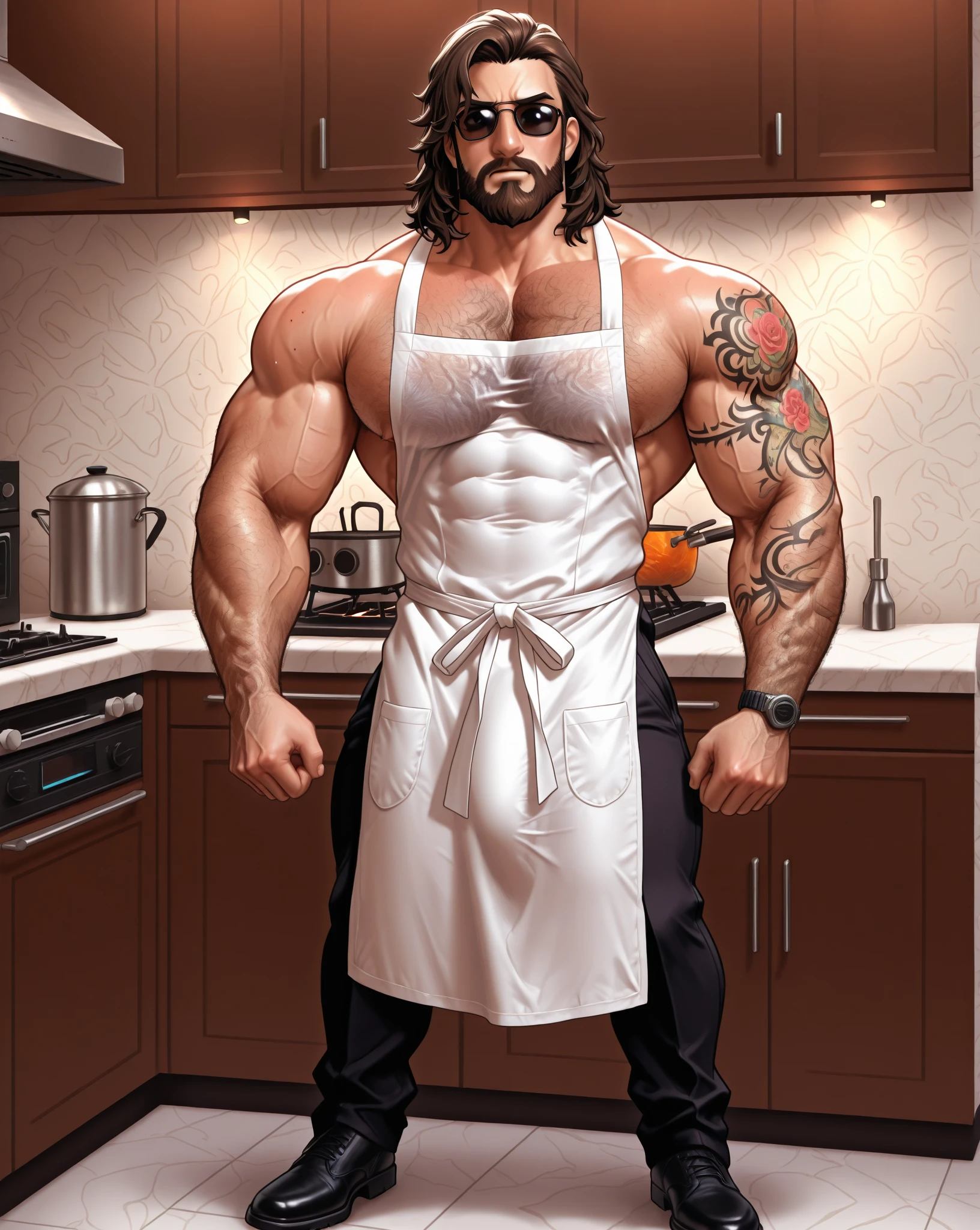1 sexy guy with semi long wavy hair that covers half of his face with a lot of body hair, He is super strong with a lot of muscle.., completely naked, play chef, developer, sexy, oily.