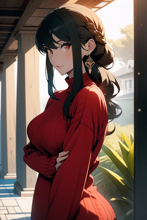masterpiece, best quality, highres, bbyorf, short hair with long locks, white hairband, red eyes, gold earrings, ((large breasts)), jewelry, (off shoulder), Red sweater, sweater dress, long sleeves, black pantyhose, outdoors, standing cowboy shot, smile, nsfw, plump, plump thighs