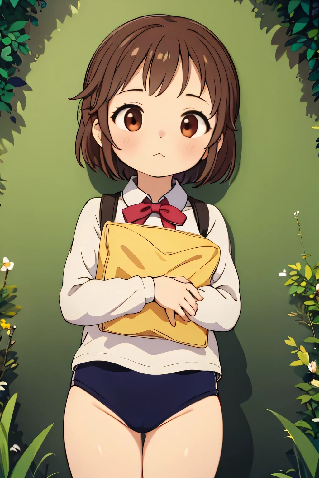 (masterpiece, highest quality), 1 girl, beautiful face, beautiful body, wearing a Black gymnastics bloomers, High leg、white blouse, cowboy shot、Are standing、full body portrait、alone, complex details, enlarged textures, complex details, finely detailed eyes and detailed face, intricate details, (closed mouth), perfect eyes, equal eyes, perfect body, extremely detailed, (), extremely realistic 3d,In a dark forest、cap,long violate hair,Gras