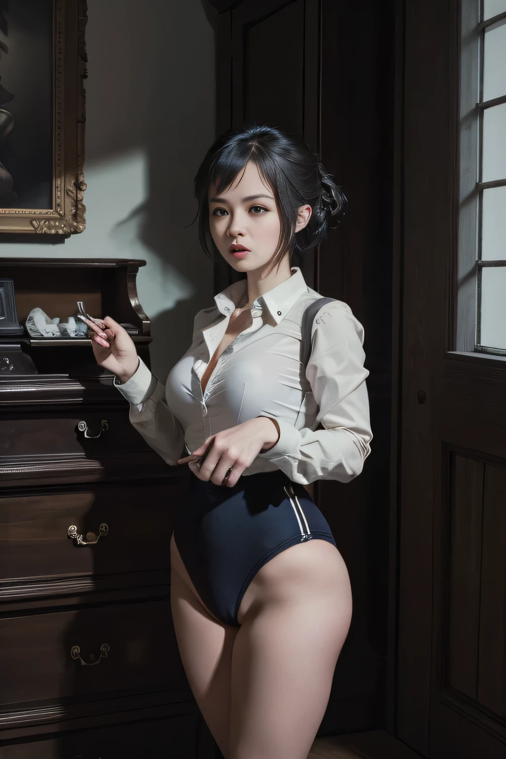 (Ultra realistic expression), (illustration), (high resolution), (8K), (very detailed), (best illustration), (beautiful detailed eyes), (best quality), (super detailed), (masterpiece,), (wallpaper), (detailed face), solo, at work, pose in motion, , (dynamic pose), one girl, short cut, long hair, straight hair, Japan, no underwear, , reaching out to grab something high, (bangs))), ((short apron)), big, long legs, toned abs, (happy look), (no panties), (no bra), oversized t-shirt, glazed walls and floor, inside a bookstore, (hands on knees), swivel backwards, tank top, sheer, naked apron, clerk, (((buckshot)), from behind, buttocks