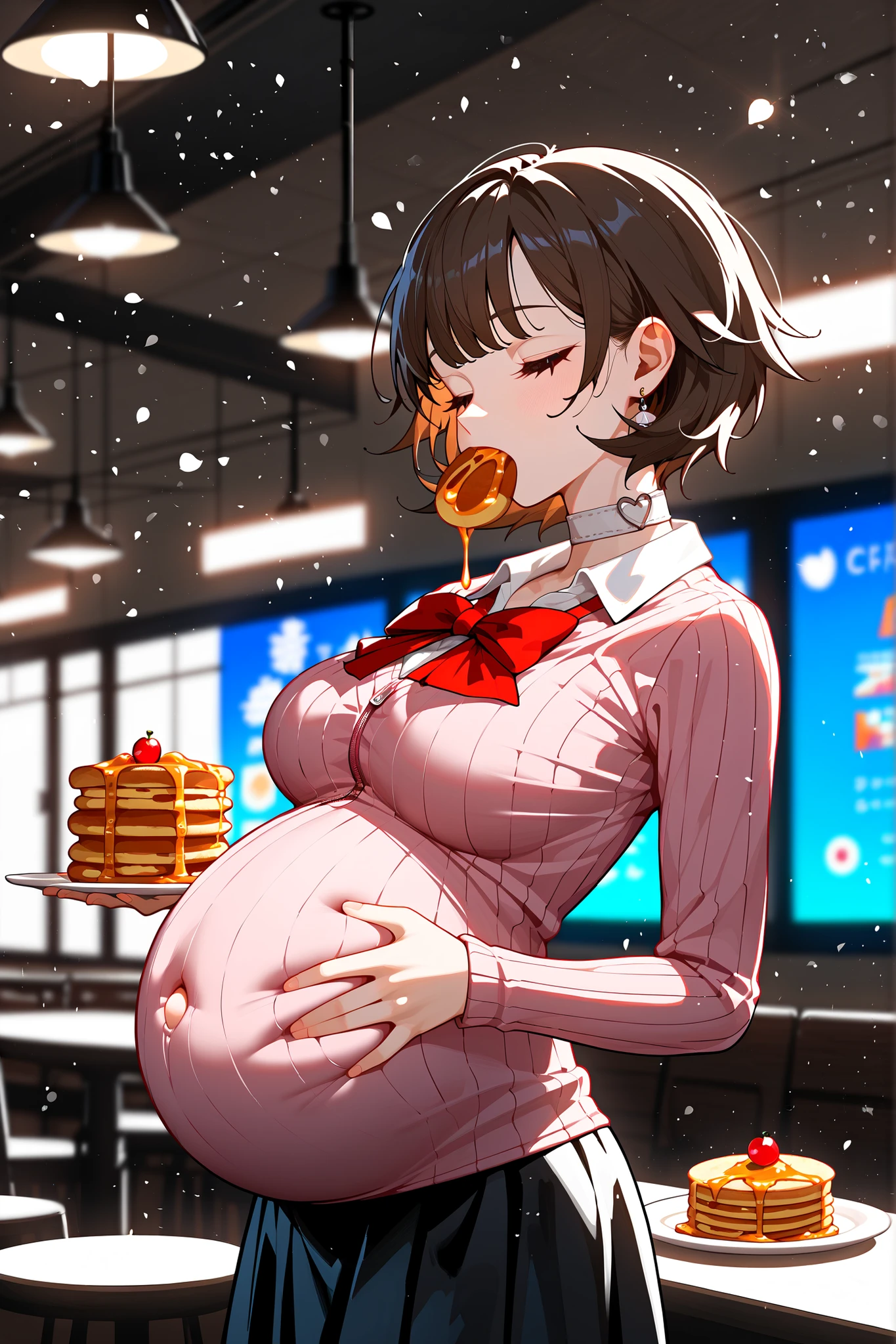 1 girl, (skinny , bloated belly, stuffed belly) (puffed cheeks, exhaling, closed eyes) ((belly rub)), (long :1.3),((, beautiful face, perfect face)),yukaridef, gekkoukan high school uniform, pink cardigan, red bow, long sleeves, black skirt, earrings, white choker (), ((pretty face, perfect face:1.5)), (best quality, Madly detailed CG unity 8k wallpaper, masterpiece, Madly detailed photo),, (octane render, unreal engine 5), ( of light and shadow:1.2, deep shadow:1.2),
Takeba Yukari, 1girl, solo, short hair, bangs, brown hair(yukari hair, brown hair) (detail yukari face) ,yukari, (earrings, white choker) Best Quality, High resolution, Detail pose Detail Face sunlight shafts , perfect lighting, cinematic composition, highly detailed, photorealistic, 8k, best quality , hyperrealisim, (), highres icon, rating_explicit, full body picture, stuffed belly, bloated belly, (from the side) (shiny body), (in a restaurant, plates of pancakes everywhere) (full mouth, mouth full of food:1.3)
