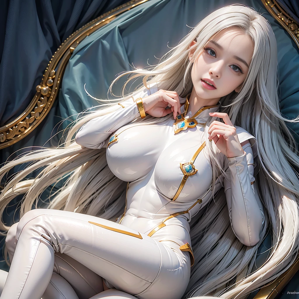 (Extreme Detail CG Unity 8K wallpaper, masterpiece, highest quality), (Exquisite lighting and shadow, highly dramatic picture, Cinematic lens effect), a girl in a white Spider-Man costume, silver gray hair color, from the Spider-Man parallel universe, Wenger, Marvel, Spider-Man, sitting on the couch, dynamic pose), (excellent detail, excellent lighting, wide angle), (excellent rendering, enough to stand out in its class), focus on white Spider-Man costumes, complex spider textures