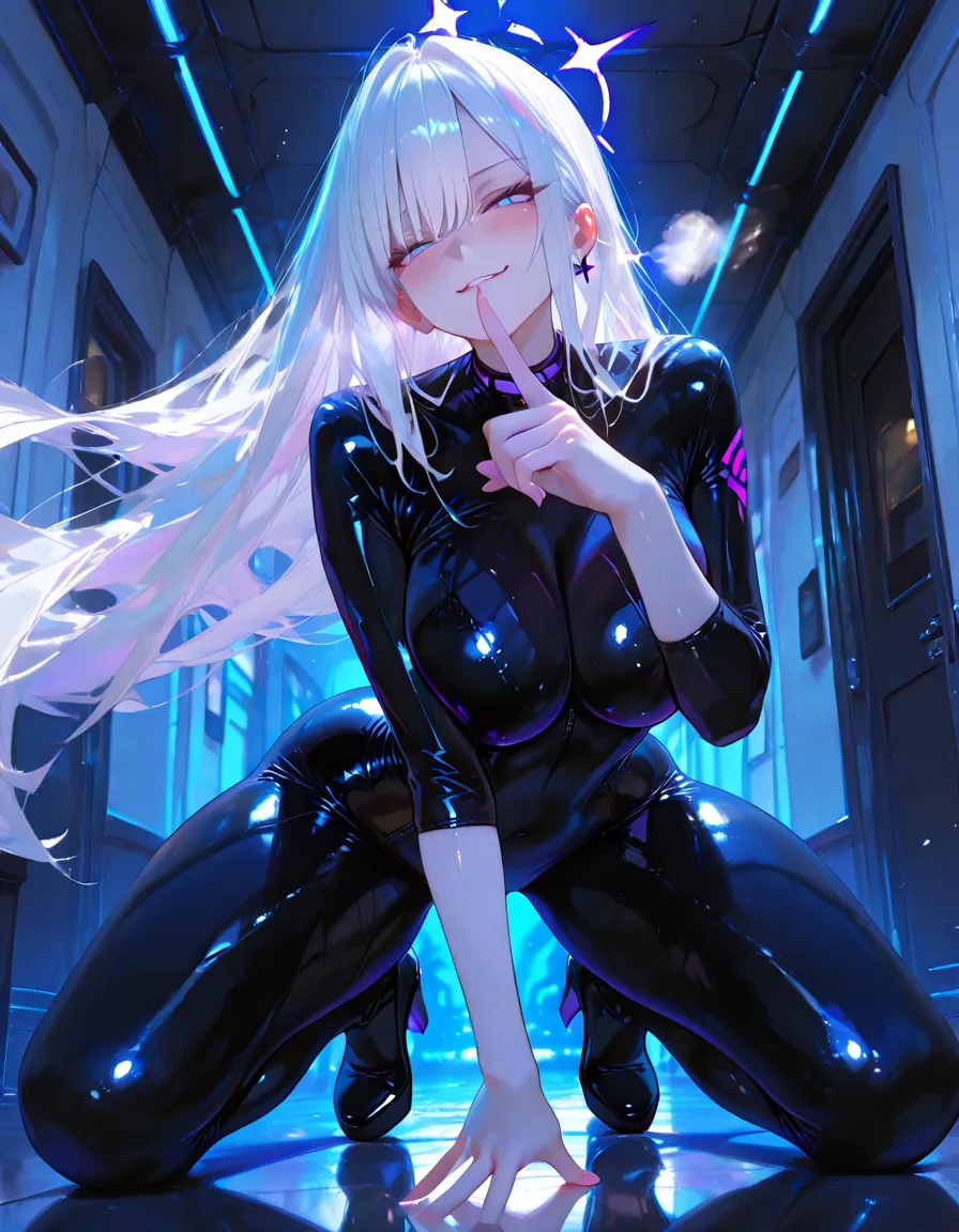 close-up selfie, one girl, (lilac pastel colored hair), Kodak look, 165cm tall, low contrast, filmgrain, wearing tight covering black latex suit, full latex suit, mysterious domina, neon lighting, in nightclub, fluorescent lighting, low angle, high cheek bones, big dark blue eyes, shoulder long hair, slim waist, safe for work, dark neon lighting
