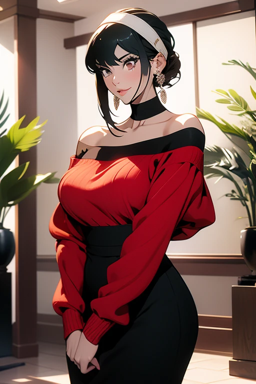 Super beautiful shining eyes、Joel Blair,Red face,(Long sideburns ,short hair, short hair长发:1.2), Bangs,Black skirt,Red Eyes,Gold earrings,Off-shoulder sweater, Red sweater,clavicle, Black Hair , Straight Hair,Mature woman ,Black pantyhose , ((Awkward, blush, charming, Close your eyes, open mouth,Tongue,with tears in eyes, Saliva residue,The hem of the skirt is wet, Brushed,)Large Breasts、Low-cut,Cleavage, Wide hips,)The Last Vision, Ultra-high resolution,4K,Super detailed, photography, 8k, HDR, high resolution, absurd:1.2, Kodak Portrait 400, Film Grain, Blurred background, Bokeh:1.2, lens flare, (Energetic_color:1.2),专业photography师