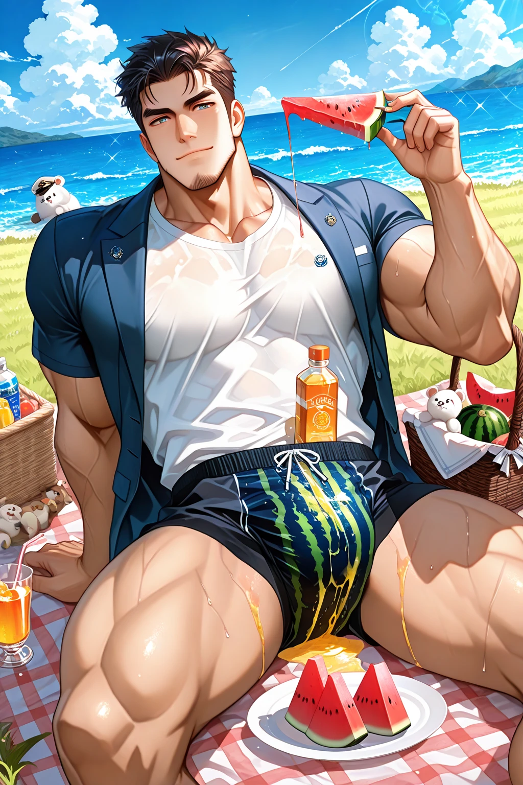 Clear background、A handsome tall Japanese man standing, He is 28 years old,Thin waist,The pectoral muscles are well developed, He is 175cm tall,Weight 62 kg、yellow-green eyes、brown hair color、Holding a popsicle in his mouth,short hair、Shirtless、swimming trunks、looking into camera,Smile,beach,Japanese street vendor,Log Cabin,