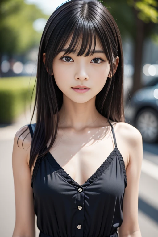 masterpiece, 8k, , Japanese Girls, RAW Photos, Absurd, Portraits of Award-Winning Artists, 笑face, 笑face, Alone, Uniform, Summer Clothes Idol&#39;face, violet, Gardenia, Delicate girl, Long black hair, Dark Eyes, Upper body digital SLR, Observe the audience, Frank, Sophisticated, Like々Shii, Thin arms, Professional Lighting, Film Grain, chromatic aberration, (目とfaceの詳細: 1.0), (Bokeh button:1.1)