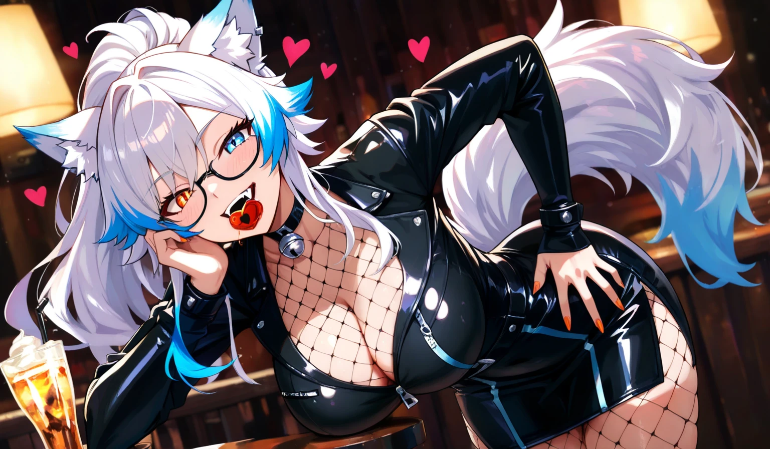 NSFW,masterpiece,Highest quality,High resolution,Super detailed,Shirakami Fubuki\(Hololive\),Gray Hair、One-sided braid、Ahoge、Earrings、Fox ears,Fox Tail,(Leather leotard),High leg,(Body Harness),Micro Mini Skirt,Fishnet tights,Embarrassed,Frustrated face,Lust,blush,Expecting face,(Ahegao),Smirking face,Love Hotel at Night,Luxurious Room,sofa,low table,sake,chandelier,(To flatter),want,Streaks,(Sex slave),(Middle-aged men),A man puts his hands on her waist and hugs her,Having sex,Insert the penis,Creampie,heart,Wet,(Squirting),Leg spread,Cowgirl,(Falling into Pleasure),Obedience,piece