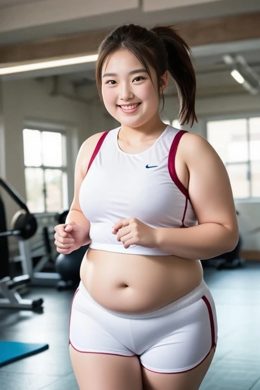 (((Very fat)))、Fat belly、masterpiece, Highest quality, figure, Super detailed, In detail, High resolution, 8k wallpaper, Perfect dynamic composition, Beautiful attention to detail, Natural color lip, random and pause, smile, (Gym Room), looking at the camera, 30-year-old woman, Full Body Shot, ((Wear gym wear)),SFW、