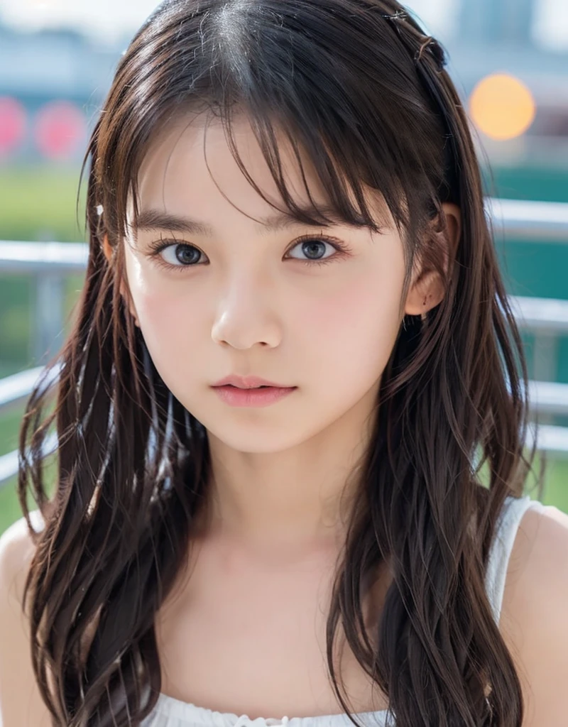 (detailed and realistic portrait of a girl with a clean face), (round eyes and long flutters hair shot outside),staring at camera,magical photography, dramatic lighting, photo realism, ultra-detailed,
intimate portrait composition, (centered image composition),(close up shot:1.6),best quality,f/1. 8, 85mm,
(28years asian woman), black_hair,(black_eyes:1.2),(bangs),makeup,white_dress,
(hazy blue_sky_background),(Loli kid:1.6),(completely nude:1.3),
