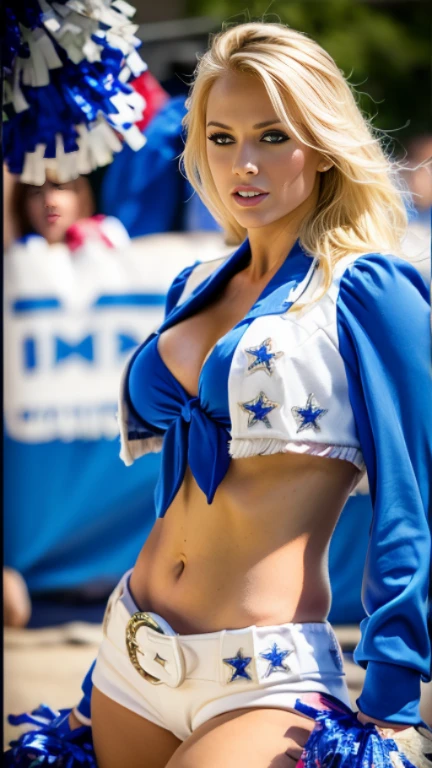sexy woman looking at viewer, perfect photo, bokeh, beautiful, dirty blonde hair, professional, perfect body, smiling, cheering, happy, joy, cheerleader, huge breasts