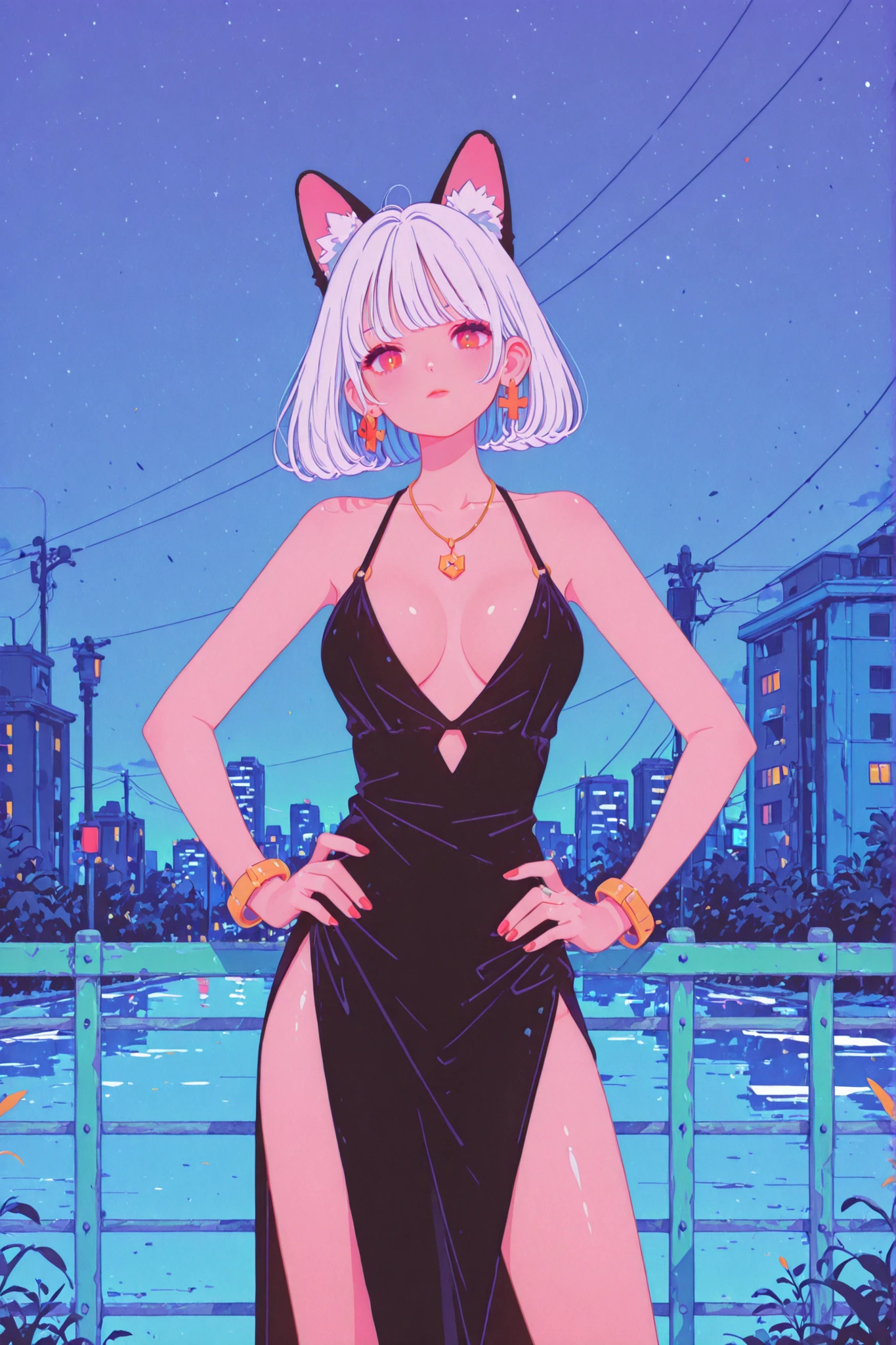 1girl, animal_ears, hands_on_hips, dress, jewelry, solo, breasts, red_lips, red_eyes, night, cat_ears, red_nails, necklace, short_hair, looking_at_viewer, bracelet, makeup, lipstick, outdoors, nail_polish, bangs, standing, shiny, white_hair, green_dress, sky, bare_shoulders, sleeveless, night_sky, medium_breasts, fingernails, side_slit, plunging_neckline, feet_out_of_frame, collarbone, shiny_skin, closed_mouth, city_lights, building, cityscape, sleeveless_dress, reflection, breasts_apart, animal_ear_fluff, pelvic_curtain, fence, thighs, cleavage, lips