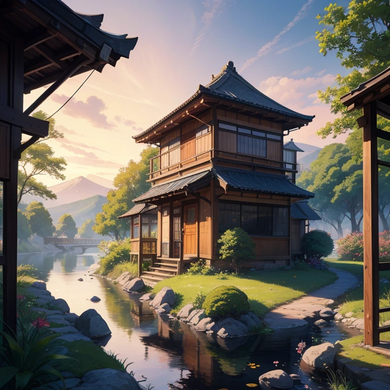 There is a garden painting with table and chairs, cozy café background, detailed scenery, Japanese street, very detailed scene, summer afternoon, Japanese art style, beautiful detailed scene, cottage core, relaxing concept art, cozy home background, landscape artwork --auto --s2