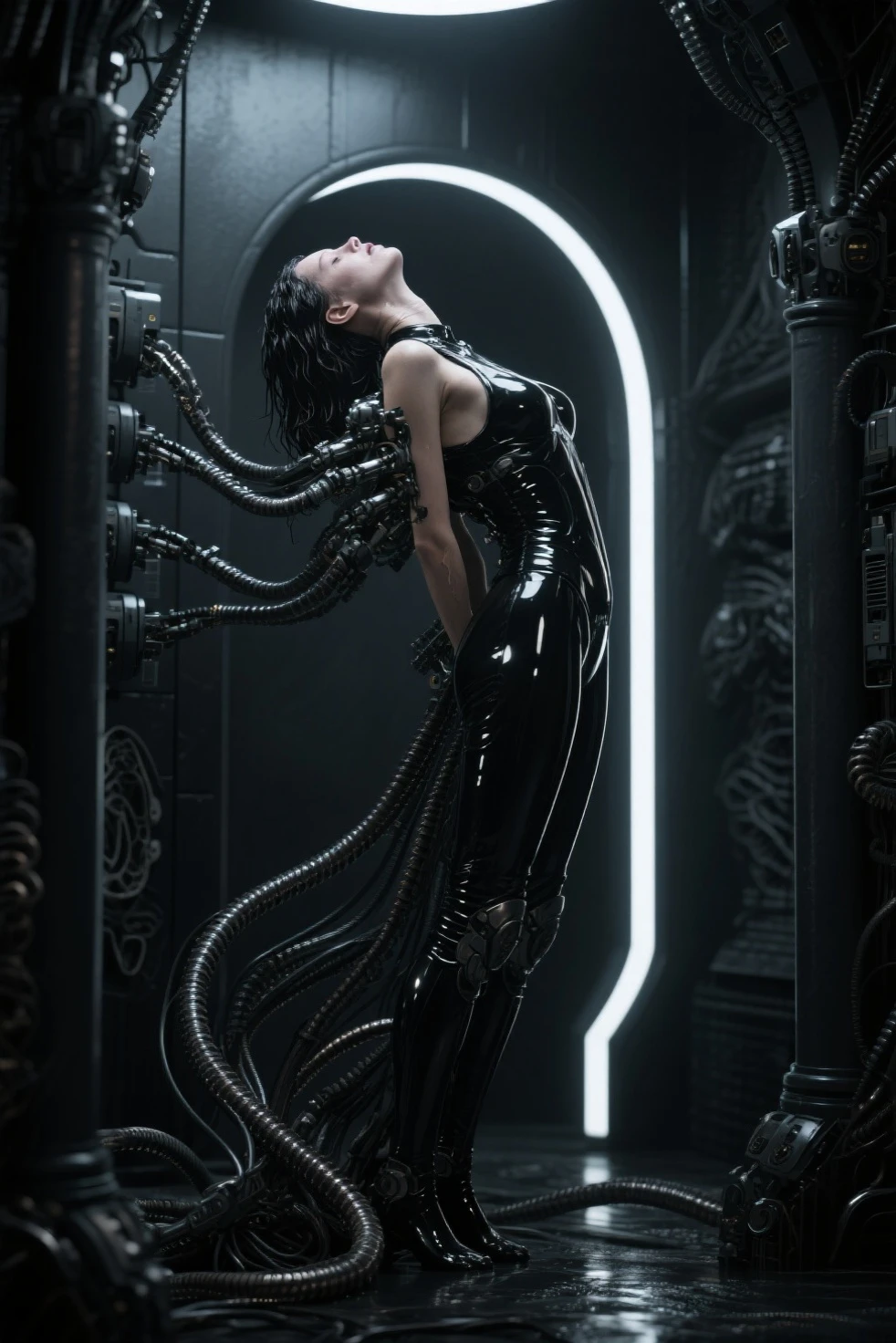 A highly detailed,disturbing photo of a woman in a biomechanical transparent cocoon.Her body is connected to tubes.She is floating in a murky liquid,All the machines and architecture around her are biomechanical,A fusion of flesh and machine,slimy gore,Body horror,bloody very inspired by H.R.Giger.Rusty,old,dirty,cinematic,4K