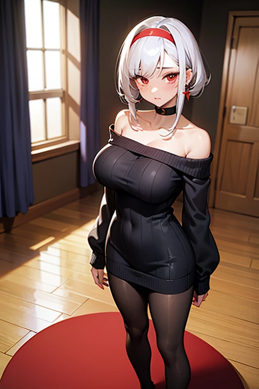 (High quality, High resolution, Fine details), BREAK (Black off-shoulder sweater), solo, curvy women, BREAK white hair, sparkling eyes, (Detailed eyes:1.2), smile, blush, Sweat, Oily skin, shallow depth of field