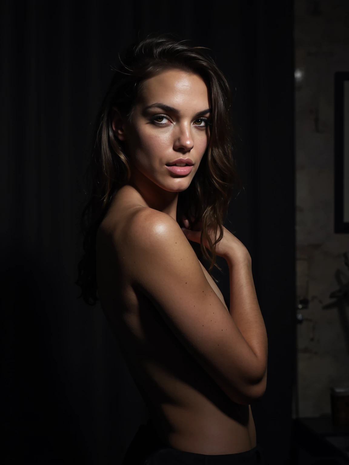 photorealistic, photo, masterpiece, realistic, realism, photorealism, high contrast, photorealistic digital art trending on Artstation 8k HD high definition detailed realistic, detailed, skin texture, hyper detailed, realistic skin texture, best quality, ultra high res, (photorealistic:1.4), high resolution, detailed, raw photo, sharp re, girl, brunette, legging, classy outfit, half body shot, club, curvy, big ass, analog style (look at viewer:1.2) (skin texture) (film grain:1.3), (warm hue, warm tone)