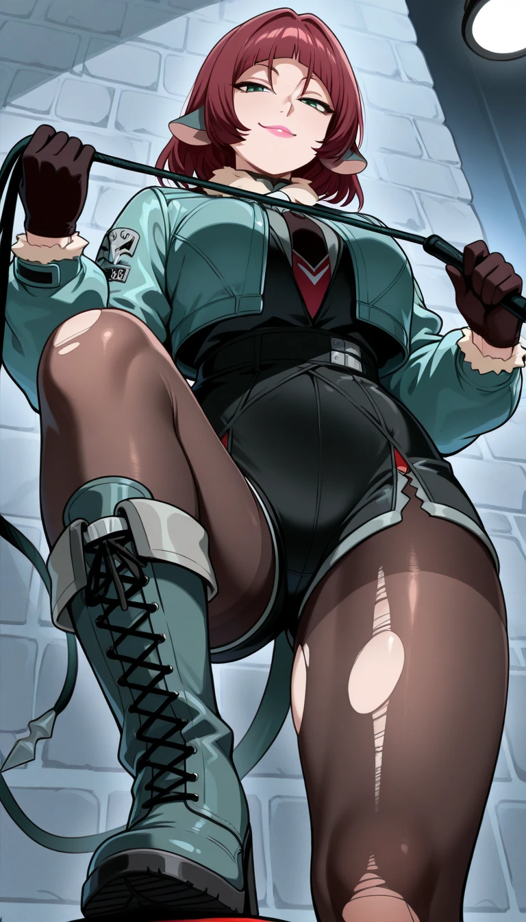 ((Highest quality)), ((masterpiece)), (detailed), ((prison)), One person, akanechan, femdom, dominatrix, ((bare shoulders)), ((black bustier)), ((black stockings)), ((black g-string)), ((black high heels)), ((black garter belt)), ((black elbow gloves)), ((squatting)), ((open legs)),  ((evil grin)), (((((from below:1.3))))), ((looking at viewer)), (((looking down at viewer)))), stare at viewer with stern eyes, 